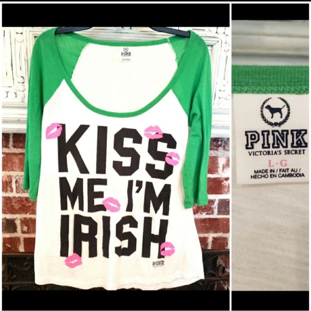 Victorias Secret Pink Collection "Kiss me I'm Irish" 3/4 sleeve, NWOT, MINT COND